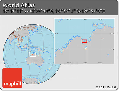 Gray Location Map of the Area around 14° 56' 57" S, 128° 25' 30" E