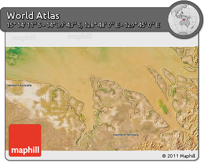 Satellite 3D Map of the Area around 14° 56' 57" S, 129° 16' 30" E