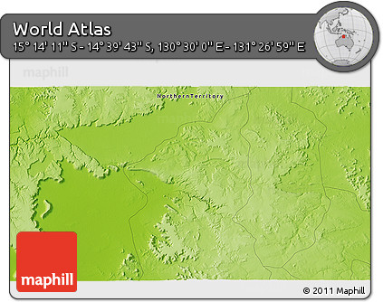 Physical 3D Map of the Area around 14° 56' 57" S, 130° 58' 29" E