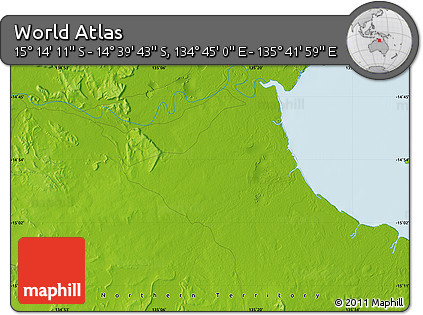 Physical Map of the Area around 14° 56' 57" S, 135° 13' 29" E