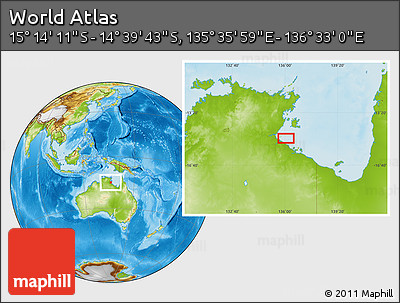 Physical Location Map of the Area around 14° 56' 57" S, 136° 4' 29" E