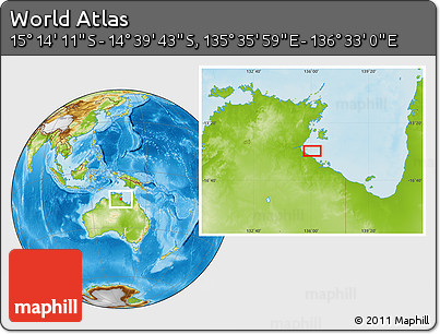 Physical Location Map of the Area around 14° 56' 57" S, 136° 4' 29" E