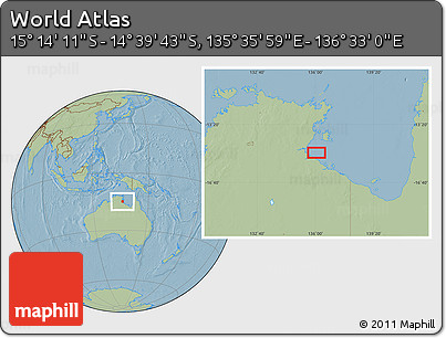 Savanna Style Location Map of the Area around 14° 56' 57" S, 136° 4' 29" E, hill shading