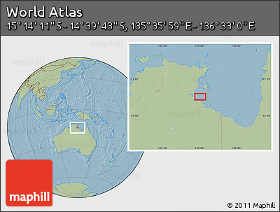 Savanna Style Location Map of the Area around 14° 56' 57" S, 136° 4' 29" E, hill shading