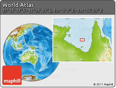 Physical Location Map of the Area around 14° 56' 57" S, 139° 28' 29" E
