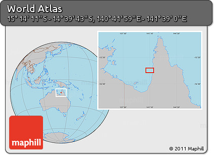 Gray Location Map of the Area around 14° 56' 57" S, 141° 10' 30" E