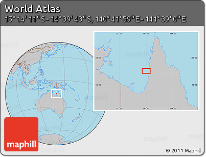 Gray Location Map of the Area around 14° 56' 57" S, 141° 10' 30" E