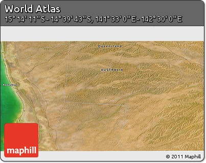 Satellite 3D Map of the Area around 14° 56' 57" S, 142° 1' 30" E