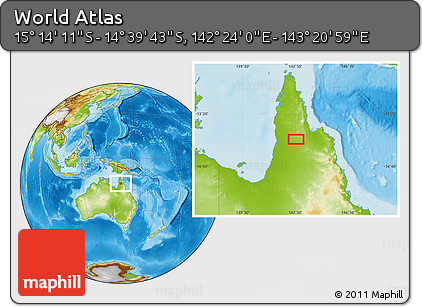 Physical Location Map of the Area around 14° 56' 57" S, 142° 52' 30" E