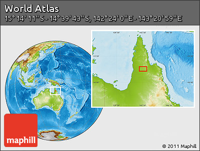 Physical Location Map of the Area around 14° 56' 57" S, 142° 52' 30" E