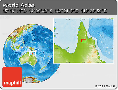 Physical Location Map of the Area around 14° 56' 57" S, 142° 52' 30" E