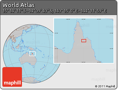 Gray Location Map of the Area around 14° 56' 57" S, 143° 43' 29" E