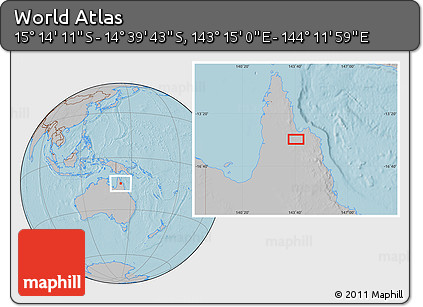 Gray Location Map of the Area around 14° 56' 57" S, 143° 43' 29" E, hill shading