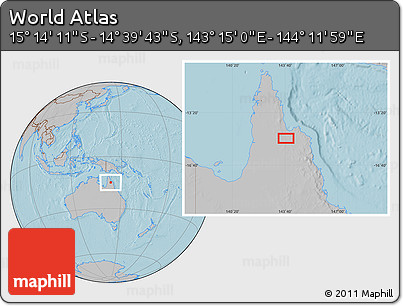 Gray Location Map of the Area around 14° 56' 57" S, 143° 43' 29" E, hill shading