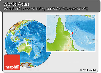 Physical Location Map of the Area around 14° 56' 57" S, 145° 25' 30" E