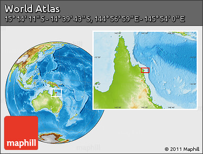 Physical Location Map of the Area around 14° 56' 57" S, 145° 25' 30" E