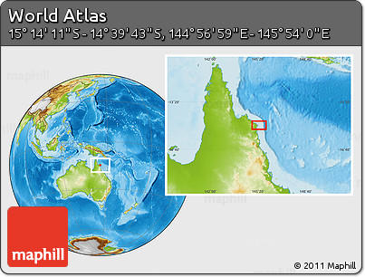 Physical Location Map of the Area around 14° 56' 57" S, 145° 25' 30" E