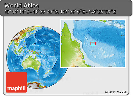 Physical Location Map of the Area around 14° 56' 57" S, 147° 58' 29" E