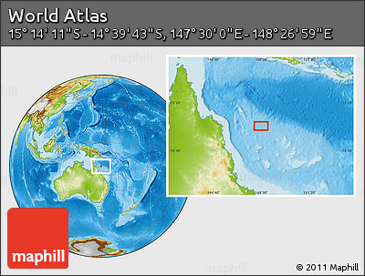 Physical Location Map of the Area around 14° 56' 57" S, 147° 58' 29" E