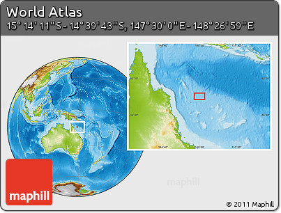 Physical Location Map of the Area around 14° 56' 57" S, 147° 58' 29" E