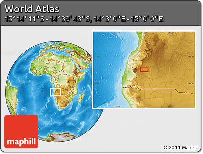 Physical Location Map of the Area around 14° 56' 57" S, 14° 31' 30" E