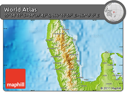 Physical Map of the Area around 14° 56' 57" S, 166° 40' 30" E