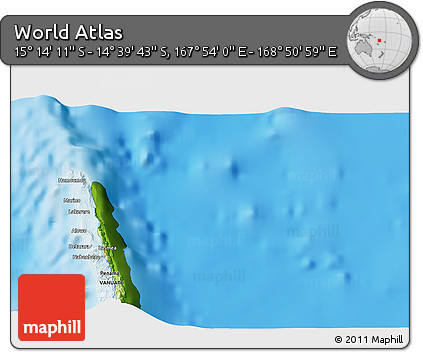 Physical 3D Map of the Area around 14° 56' 57" S, 168° 22' 30" E
