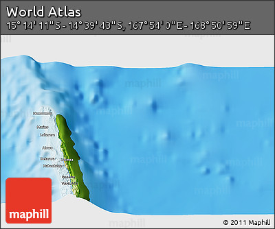 Physical 3D Map of the Area around 14° 56' 57" S, 168° 22' 30" E