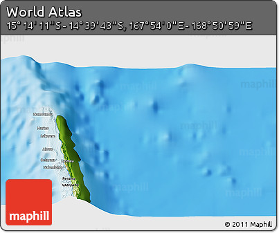 Physical 3D Map of the Area around 14° 56' 57" S, 168° 22' 30" E