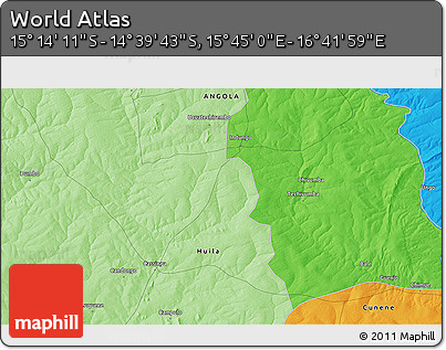 Political 3D Map of the Area around 14° 56' 57" S, 16° 13' 30" E