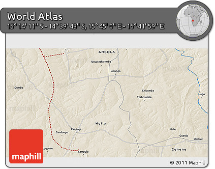 Shaded Relief 3D Map of the Area around 14° 56' 57" S, 16° 13' 30" E
