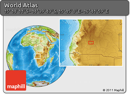 Physical Location Map of the Area around 14° 56' 57" S, 16° 13' 30" E