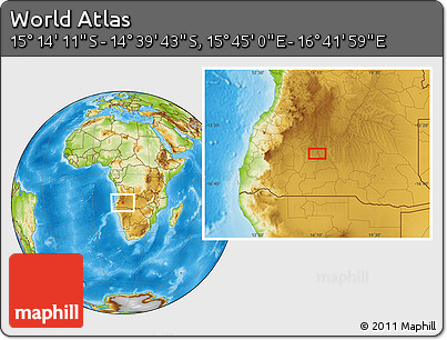Physical Location Map of the Area around 14° 56' 57" S, 16° 13' 30" E