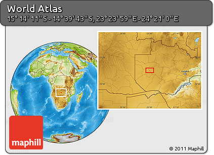 Physical Location Map of the Area around 14° 56' 57" S, 23° 52' 30" E