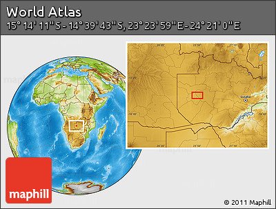 Physical Location Map of the Area around 14° 56' 57" S, 23° 52' 30" E