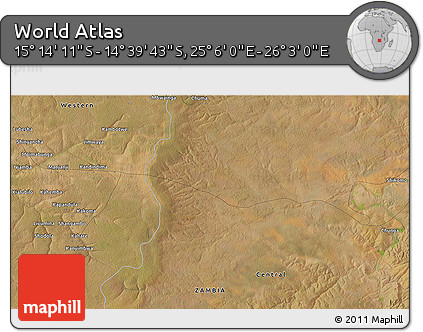 Satellite 3D Map of the Area around 14° 56' 57" S, 25° 34' 30" E