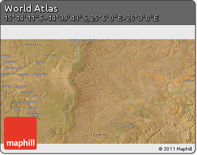 Satellite 3D Map of the Area around 14° 56' 57" S, 25° 34' 30" E