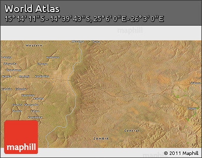 Satellite 3D Map of the Area around 14° 56' 57" S, 25° 34' 30" E