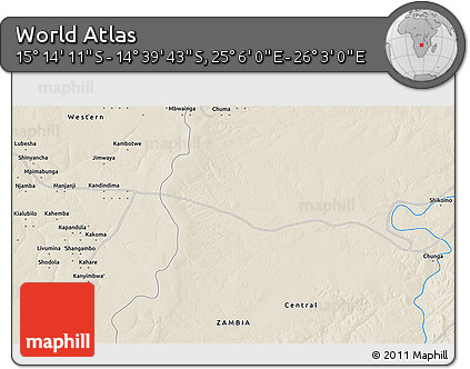 Shaded Relief 3D Map of the Area around 14° 56' 57" S, 25° 34' 30" E
