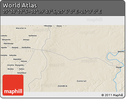 Shaded Relief 3D Map of the Area around 14° 56' 57" S, 25° 34' 30" E