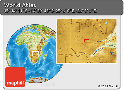 Physical Location Map of the Area around 14° 56' 57" S, 25° 34' 30" E
