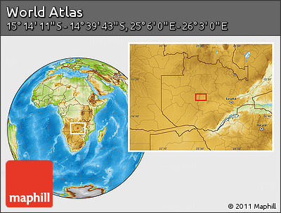 Physical Location Map of the Area around 14° 56' 57" S, 25° 34' 30" E