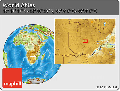 Physical Location Map of the Area around 14° 56' 57" S, 25° 34' 30" E
