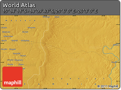 Physical Map of the Area around 14° 56' 57" S, 25° 34' 30" E