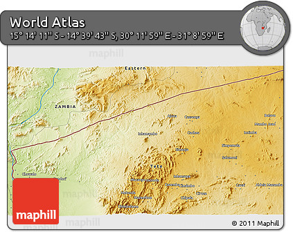 Physical 3D Map of the Area around 14° 56' 57" S, 30° 40' 29" E