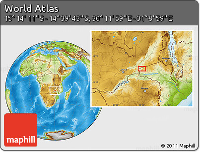 Physical Location Map of the Area around 14° 56' 57" S, 30° 40' 29" E