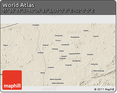 Shaded Relief 3D Map of the Area around 14° 56' 57" S, 31° 31' 29" E