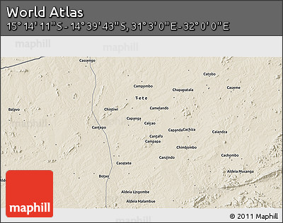 Shaded Relief 3D Map of the Area around 14° 56' 57" S, 31° 31' 29" E