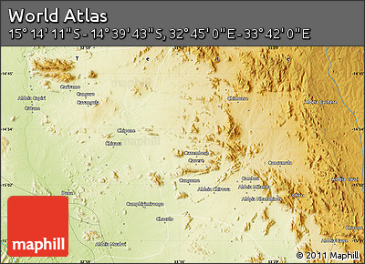 Physical Map of the Area around 14° 56' 57" S, 33° 13' 30" E