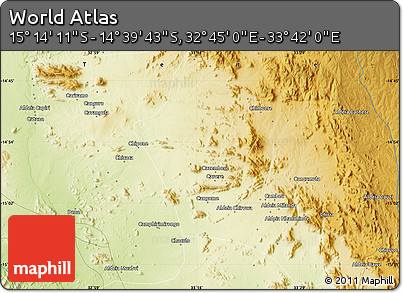 Physical Map of the Area around 14° 56' 57" S, 33° 13' 30" E